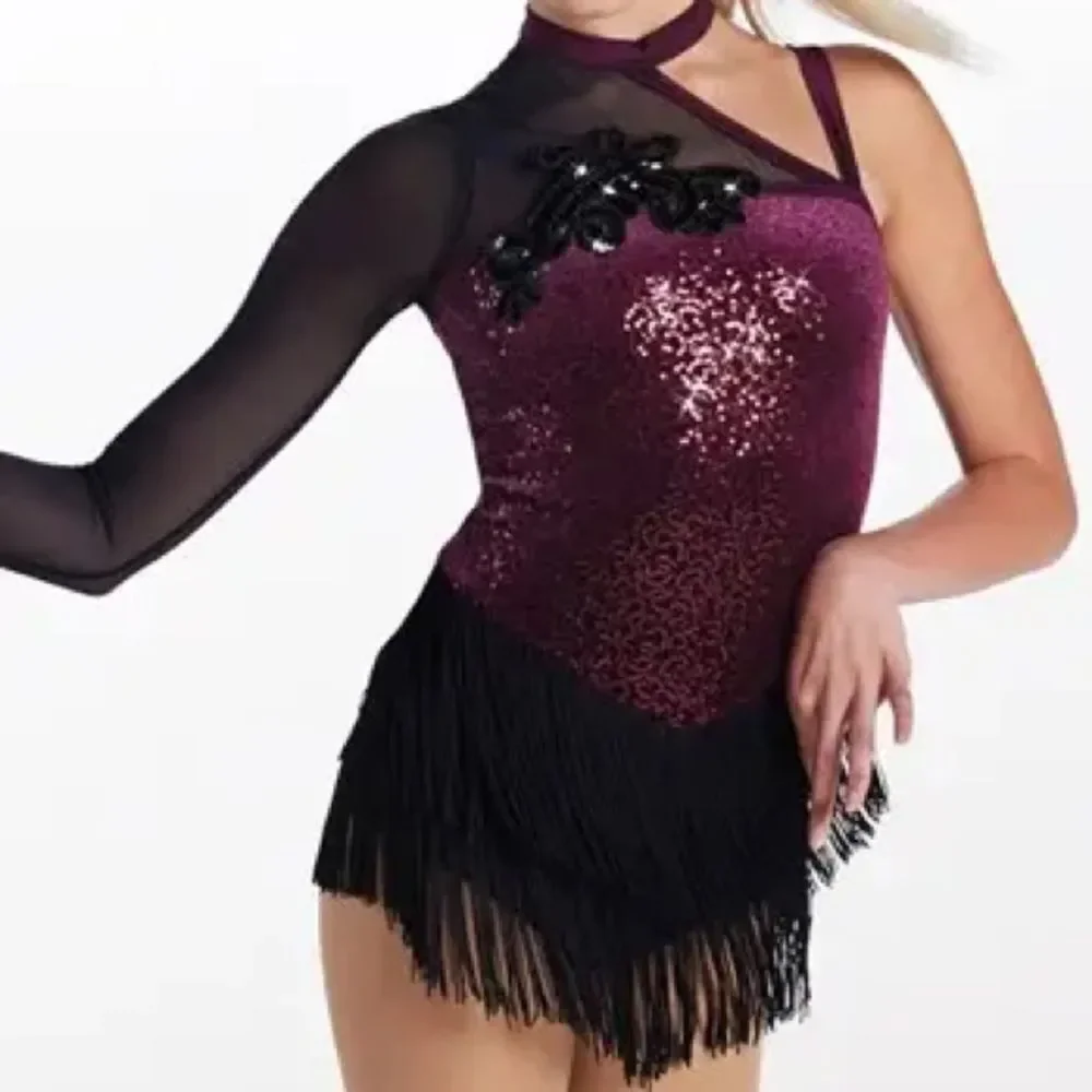 WEISSMAN Dance Costume burgundy fringe one sleeve Immortals 17042 LC-large child